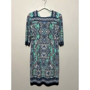 Teal Blue White Beige Paisley Artsy Career Professional‎ Office Dress L